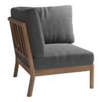 Gray upholstered chair with a wooden frame, featuring a modern, minimalist design and clean lines. Ideal for contemporary decor.