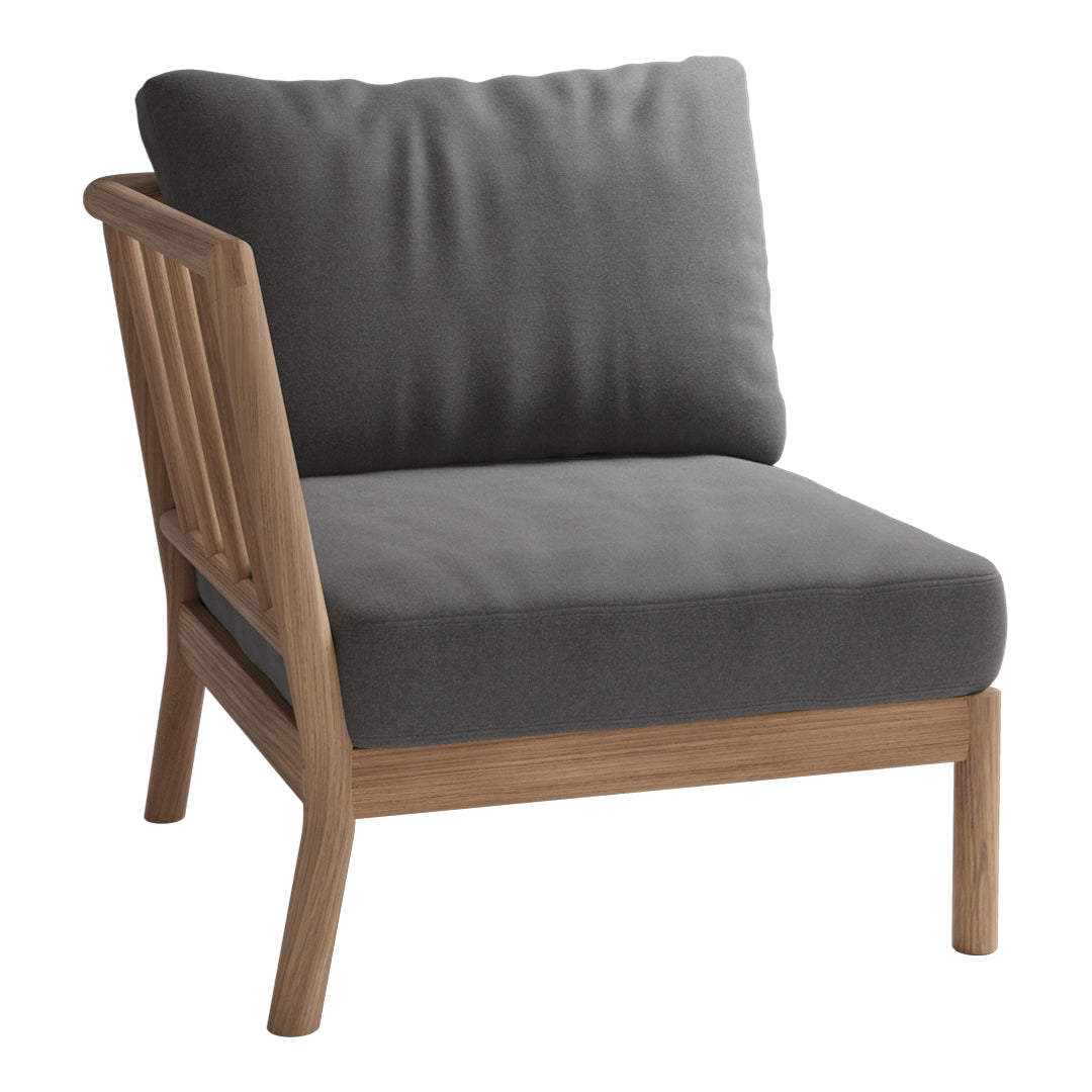 Modern gray cushioned chair with a natural wood frame, featuring clean lines and a minimalist design.