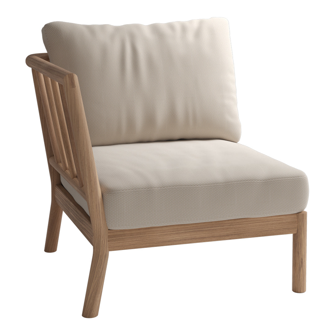 Beige cushion on a natural wood frame chair, featuring a minimalist and modern design.