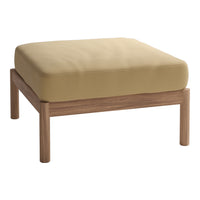Beige cushion on a light brown wooden frame. Simple, clean design with no patterns, perfect for modern decor.