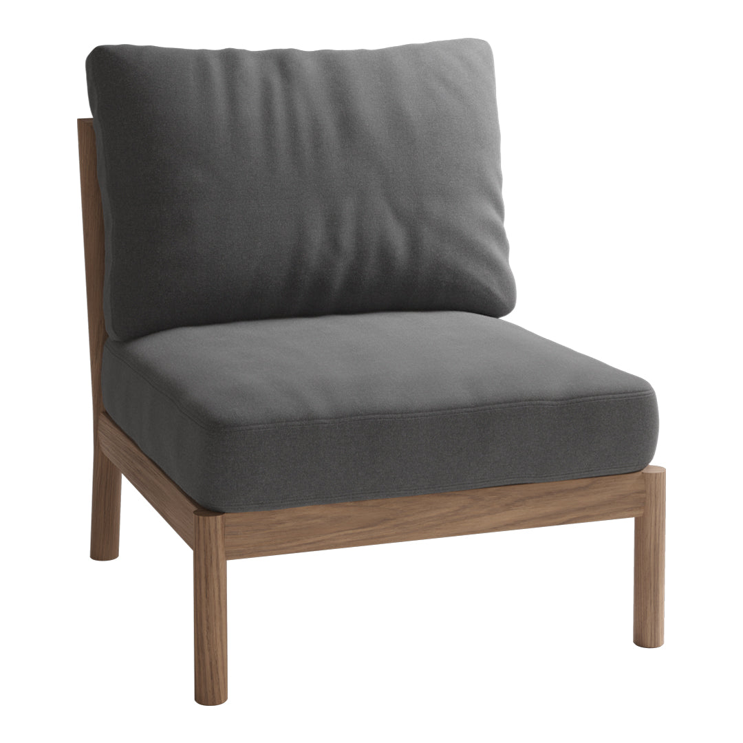 Gray upholstered chair with a clean, modern design and natural wood frame, perfect for contemporary decor.