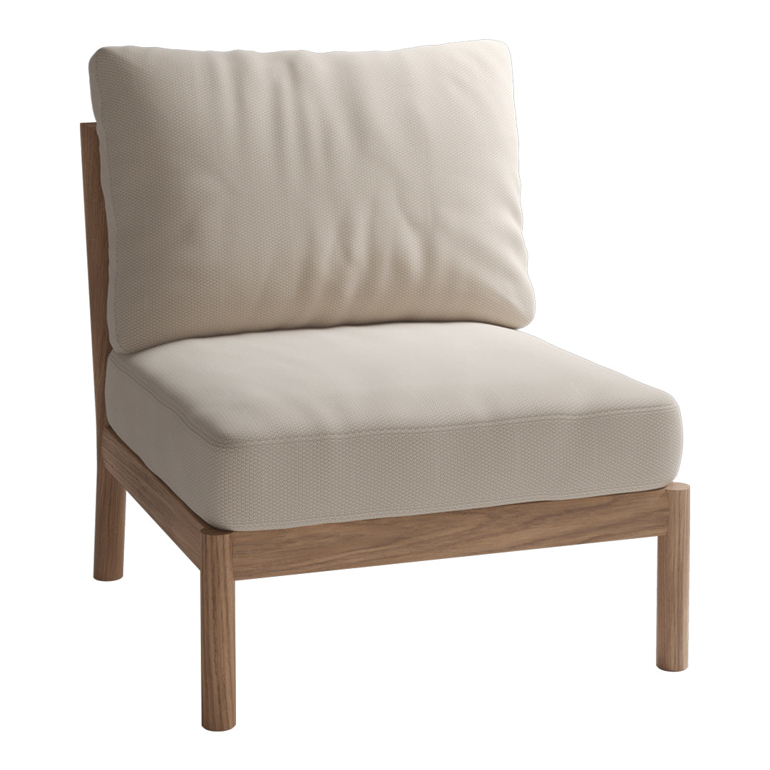 Light beige cushioned chair with a natural wood frame, minimalist design, perfect for neutral decor.