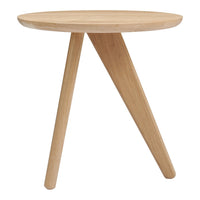Natural light wood round table with three angled legs, showcasing a smooth, minimalist design and warm tones.