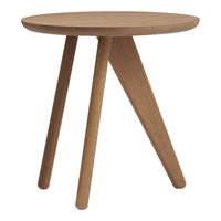 Natural wood side table with a smooth round top and angled legs, showcasing a light oak finish and minimalist design.