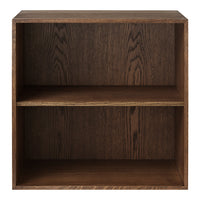 Dark brown wooden cube shelf with a smooth, textured surface and two open compartments. Ideal for modern decor.