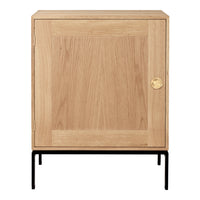 Natural oak finish with a smooth wood grain pattern, accented by a brass knob and black metal legs.