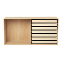 Natural wood finish with six smooth white drawers and an open compartment, creating a minimalist and modern look.