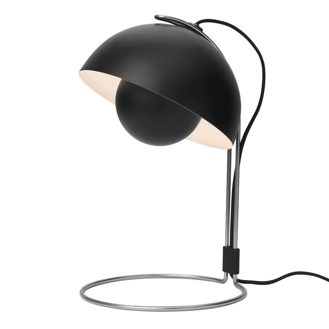 Modern black lamp with a circular shade and sleek metal stand, featuring a contrasting white interior.