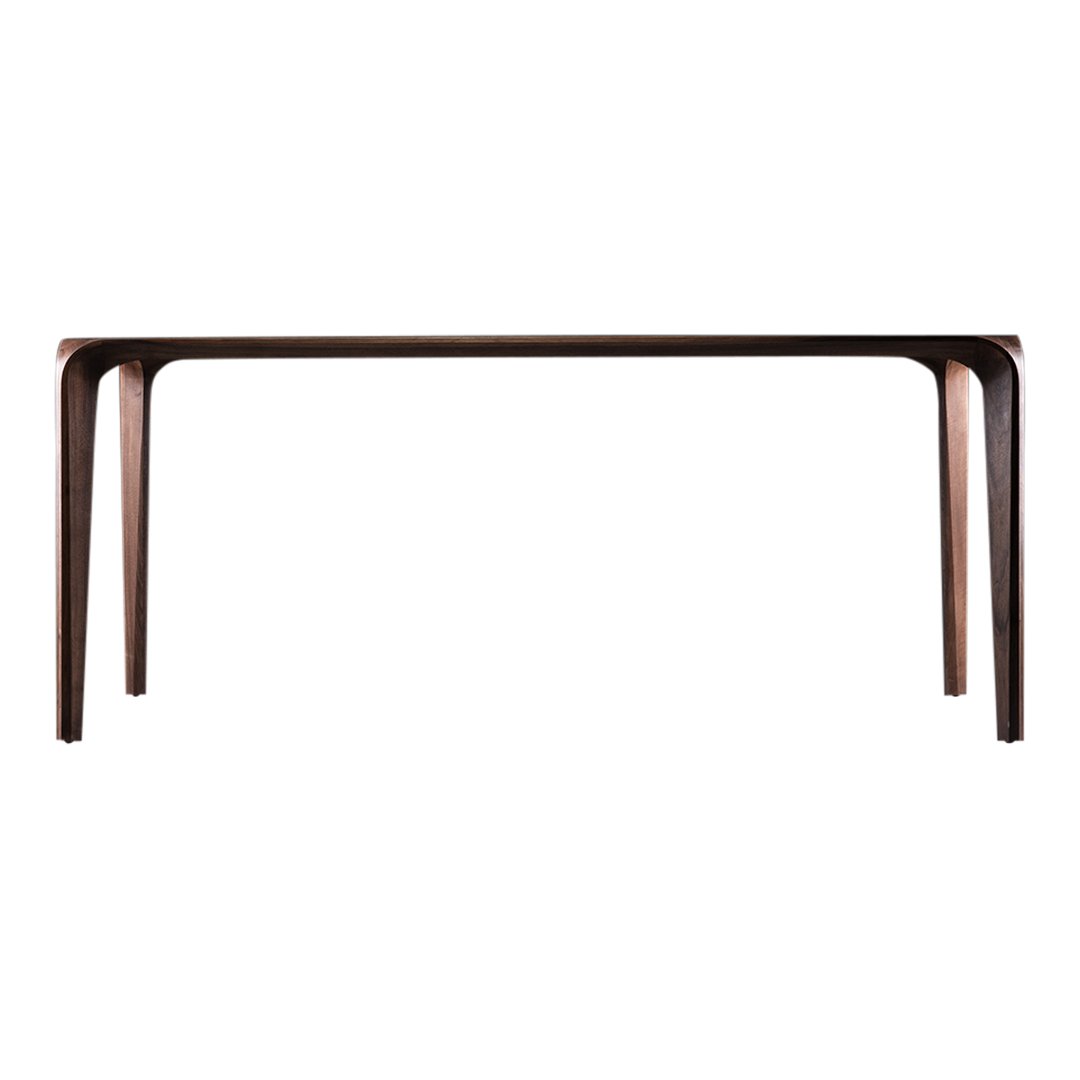 Wooden dining table in a rich dark brown finish with smooth, sleek lines and a minimalist design.