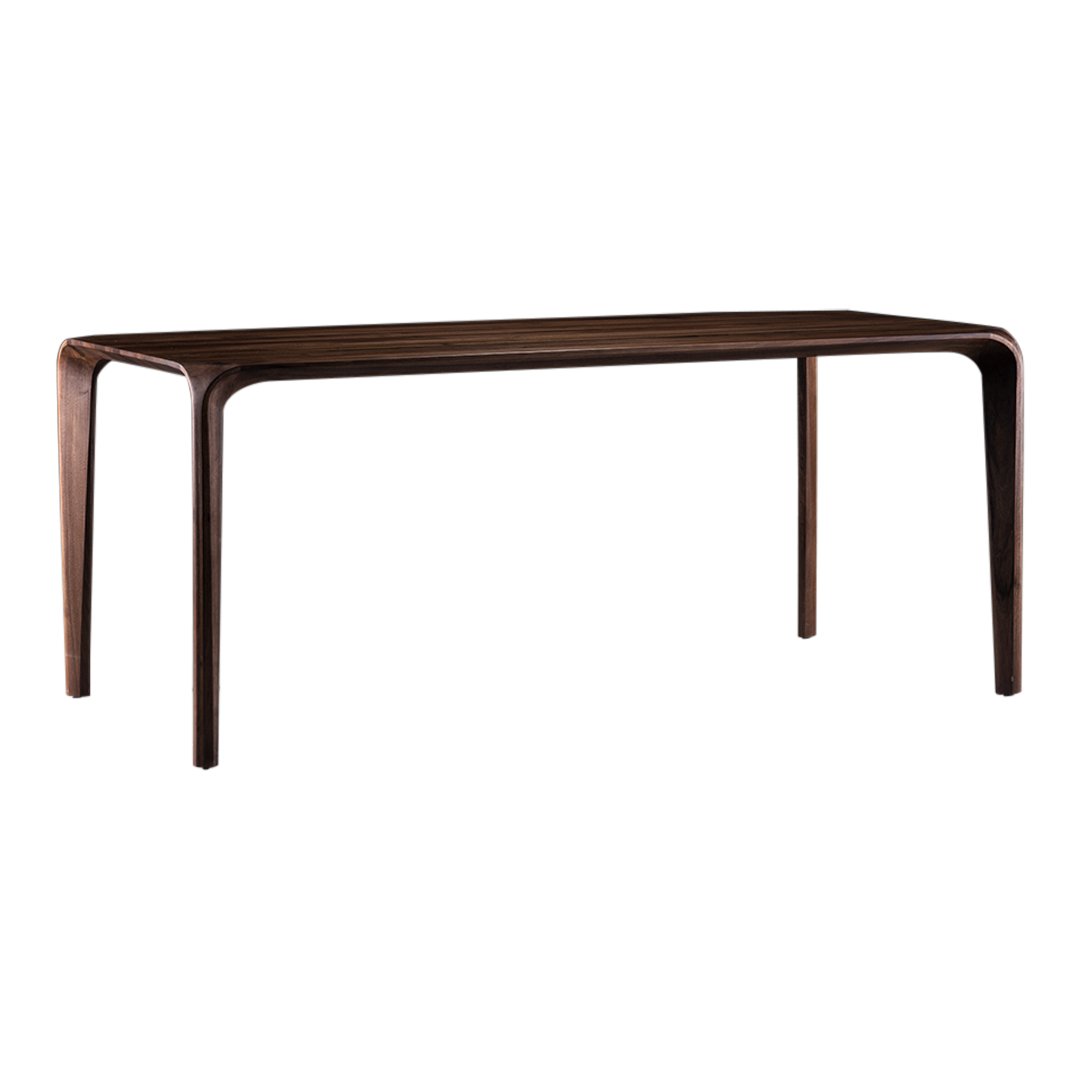 Dark wood dining table with a sleek, minimalist design and smooth, polished surface. Modern elegance for any space.
