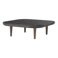 Square black tabletop with subtle gray veining, supported by dark wooden legs. Ideal for modern interiors.