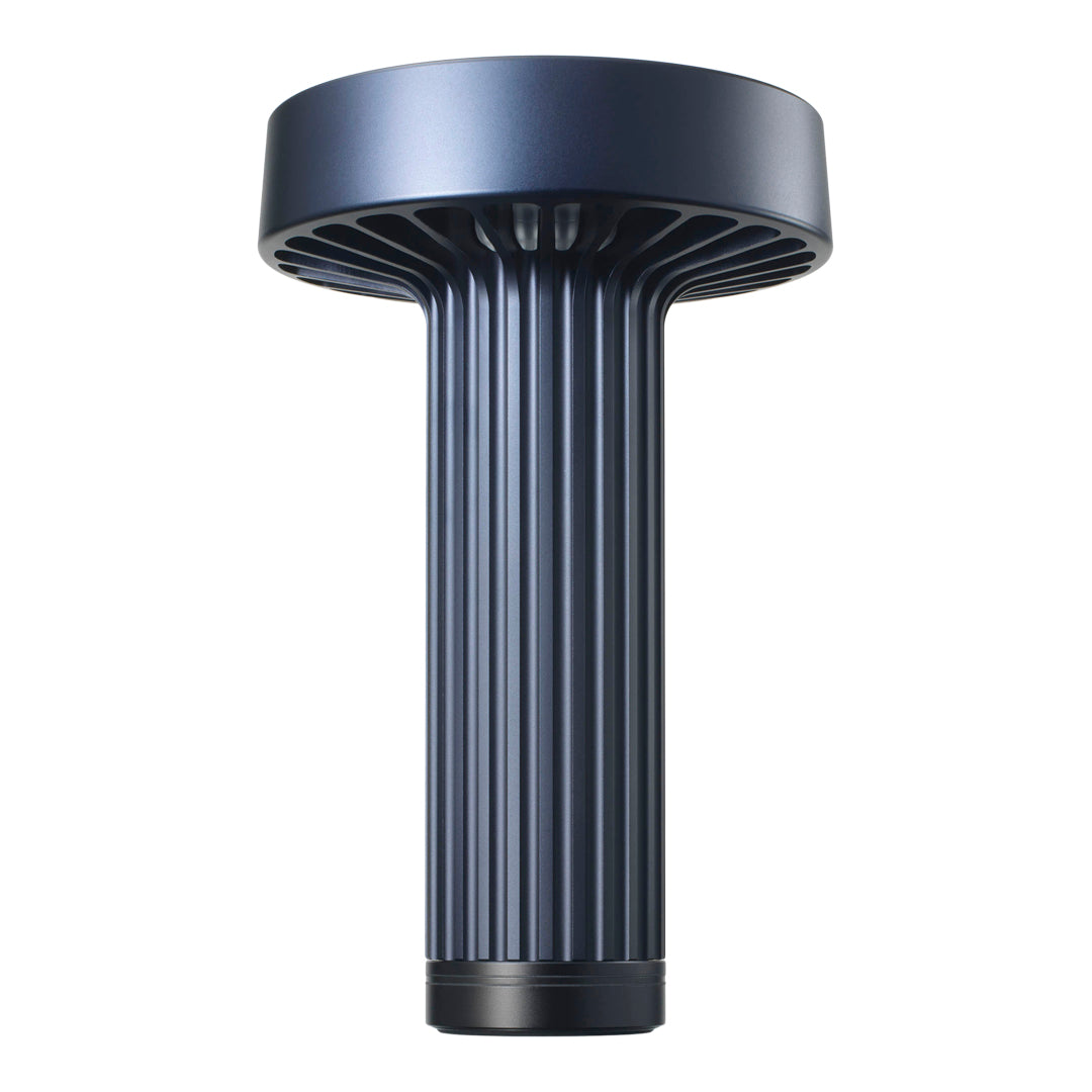 Stylish navy blue lamp with ribbed texture and contrasting black base, perfect for modern decor.