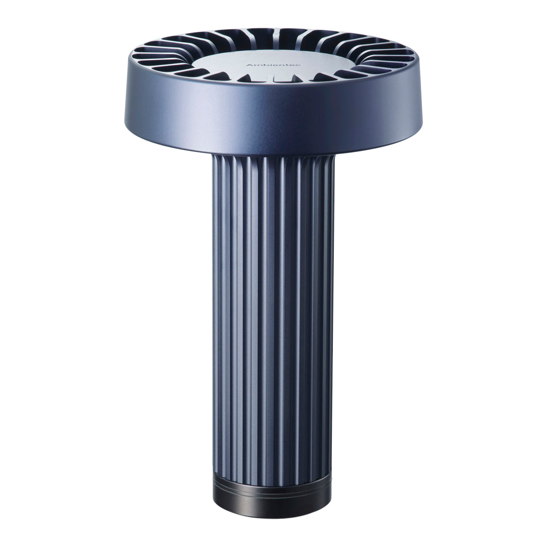 Sleek navy blue desk fan with a ribbed design and a circular top, featuring a modern, minimalist aesthetic.