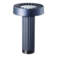 Sleek navy blue desk fan with a ribbed design and a circular top, featuring a modern, minimalist aesthetic.