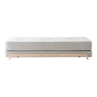 Light gray tufted sofa with a clean design and natural wood legs; perfect for modern living spaces.