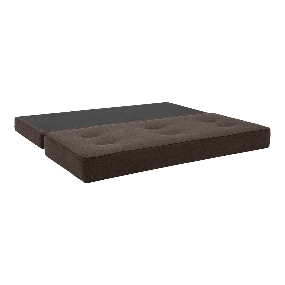 Brown tufted mattress with a contrasting dark gray top layer, offering a modern and stylish design.