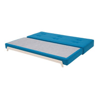 Turquoise and gray sofa bed with a simple, modern design and tufted upholstery. Ideal for stylish, versatile living spaces.