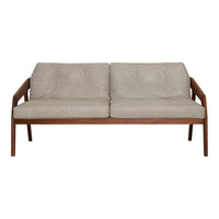 Beige leather sofa with a sleek wood frame, featuring a minimalist design and padded cushions, perfect for modern decor.