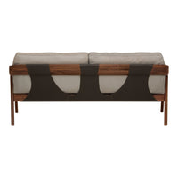 Modern sofa in beige and dark brown, featuring a unique curved pattern on the backrest for a stylish touch.