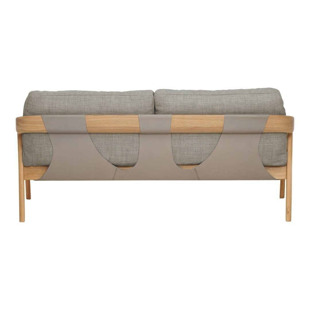 Light gray upholstery with patterned beige accents on a wooden frame, creating a modern, stylish look.