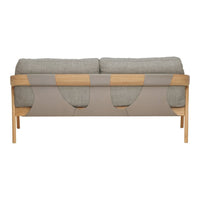 Light gray upholstery with patterned beige accents on a wooden frame, creating a modern, stylish look.
