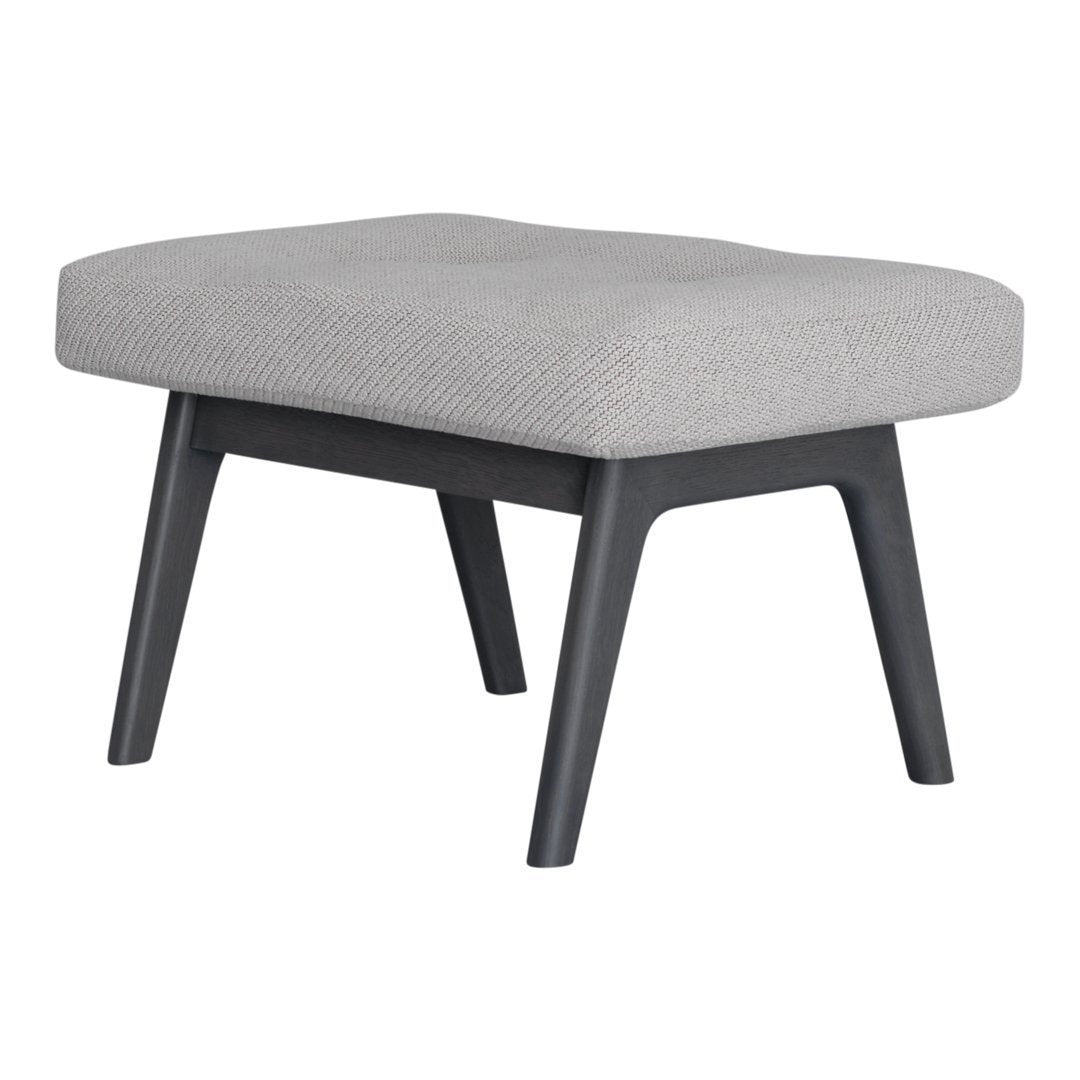 Gray upholstered ottoman with a textured pattern and dark wood legs. Perfect for modern living spaces.