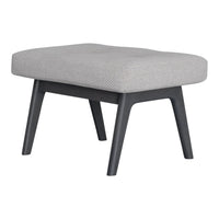 Gray upholstered ottoman with a textured pattern and dark wood legs. Perfect for modern living spaces.