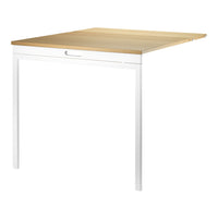 Light wood tabletop with a natural grain pattern, featuring white minimalist legs for a modern look.