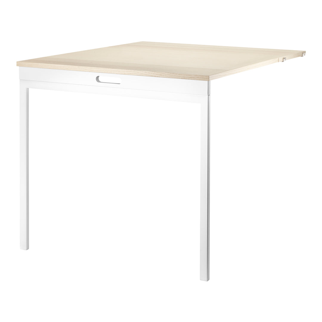 Light wood tabletop with a natural finish, paired with sleek white legs, creating a modern and minimalist look.