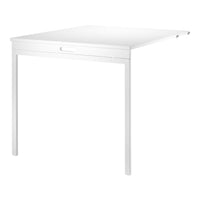 White square table with a smooth, minimalist design and a single drawer, perfect for modern living spaces.