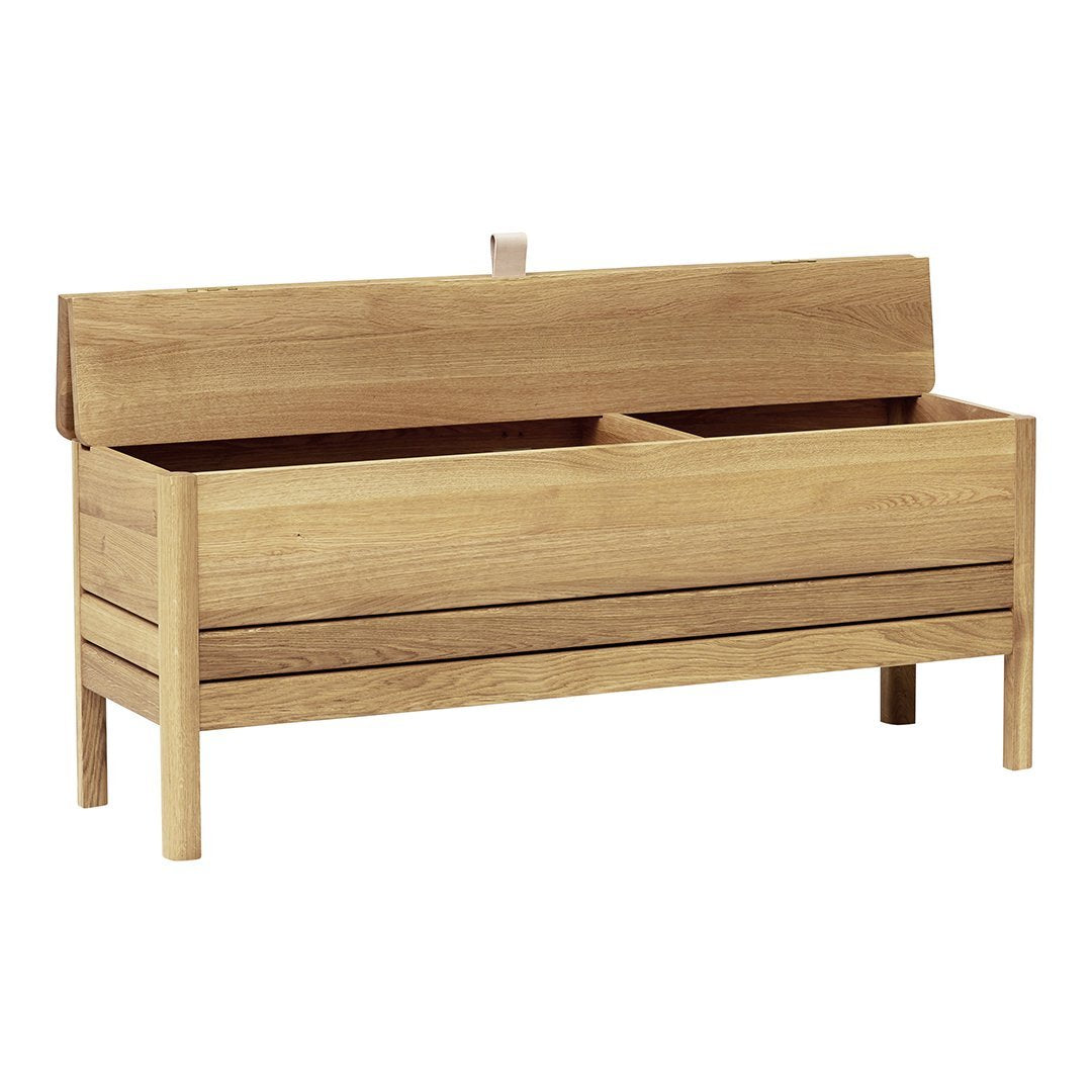 Natural light wood bench with a smooth finish and horizontal slats, featuring a minimalist, versatile design.