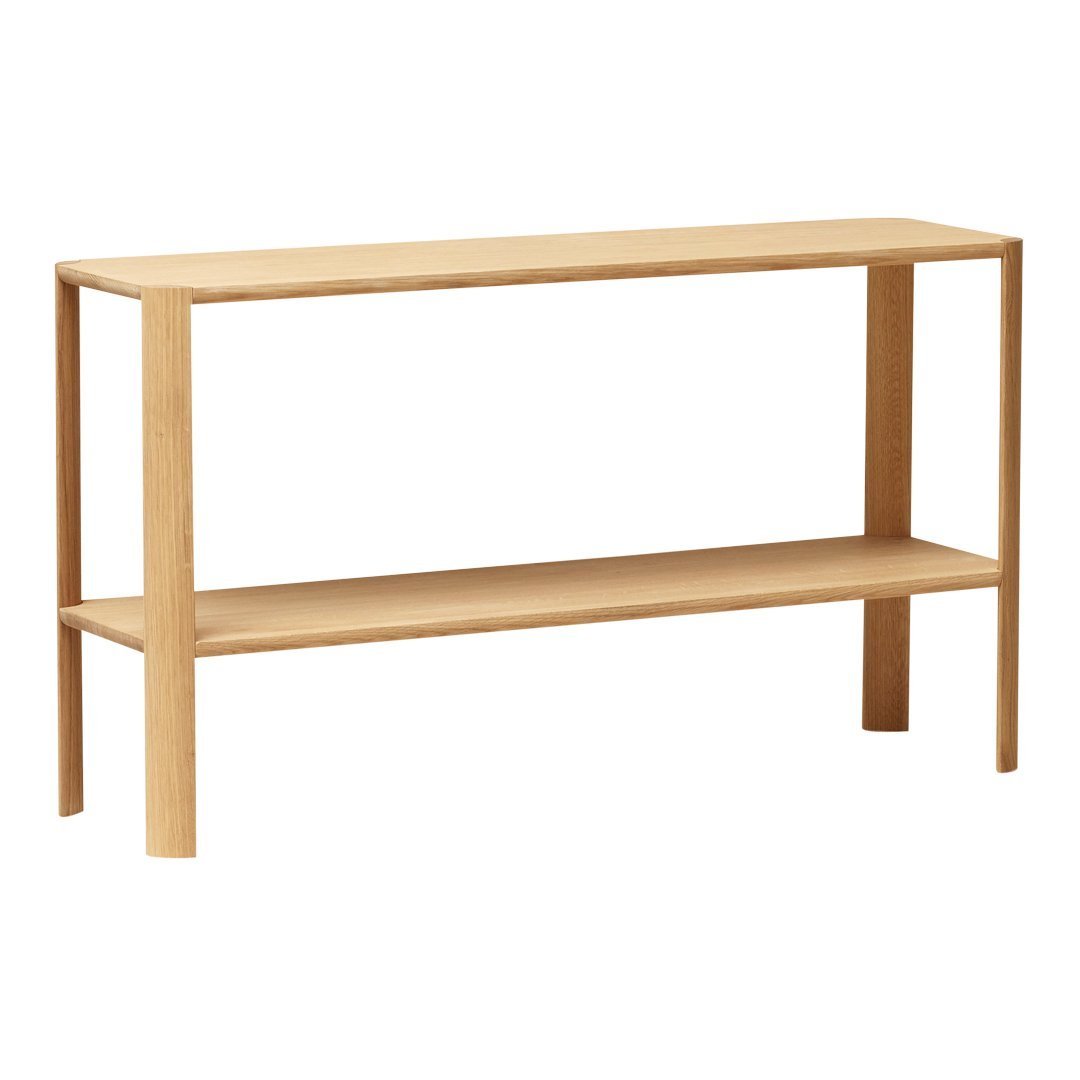Light natural wood console table with a minimalist design and clean lines. Ideal for versatile home decor.