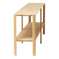 Light wood console table with a minimalist design featuring a natural finish and two open shelves.
