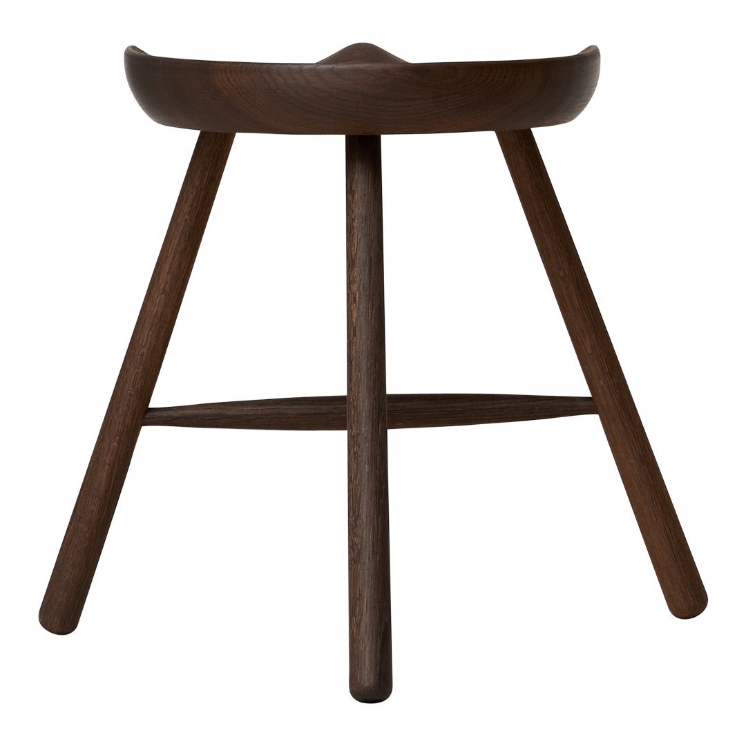 Dark wood stool with a smooth, rounded seat and tapered legs, showcasing a rich, deep brown color.