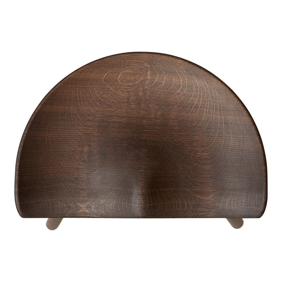 Dark wood half-moon shelf with a smooth, natural grain pattern and simple light-colored legs.