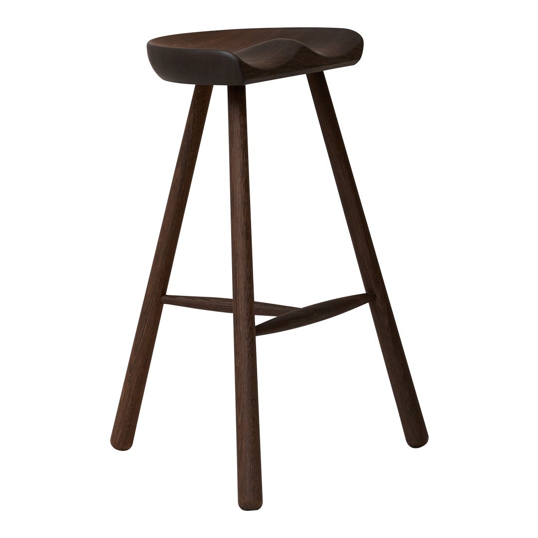 Dark wood bar stool with a sleek, minimalist design and a smooth, curved seat.