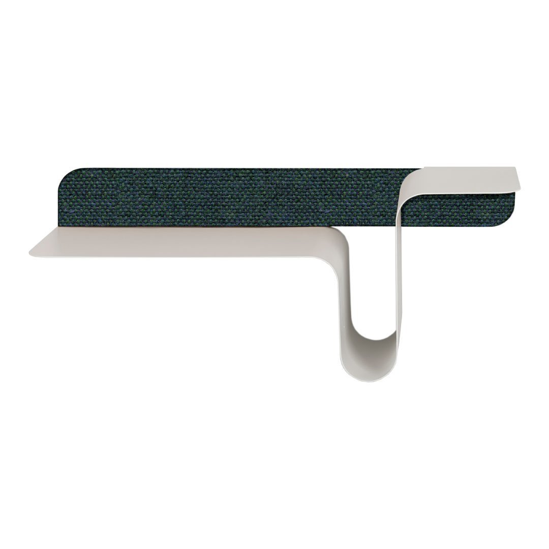 Wave-shaped shelf with a dark blue textured fabric pattern and a sleek white finish. Modern and stylish decor accent.