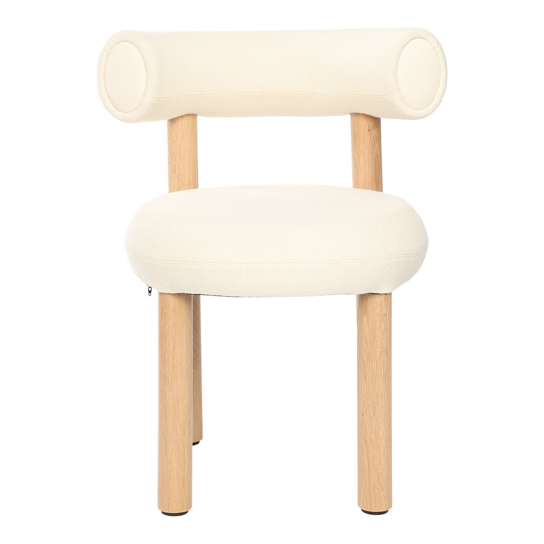 Cream-colored chair with smooth upholstery and natural wood legs, featuring a minimalist design.