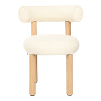 Cream-colored chair with smooth upholstery and natural wood legs, featuring a minimalist design.