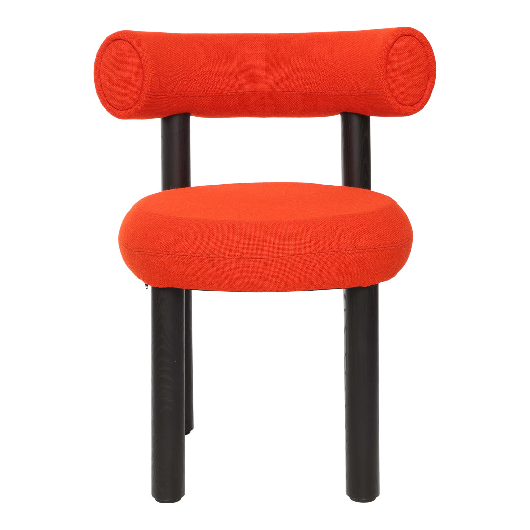 Bright red chair with rounded armrests and a sleek black frame, featuring a modern minimalist design.