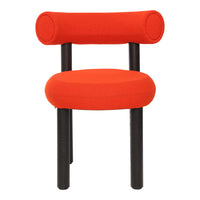 Bright red chair with rounded armrests and a sleek black frame, featuring a modern minimalist design.