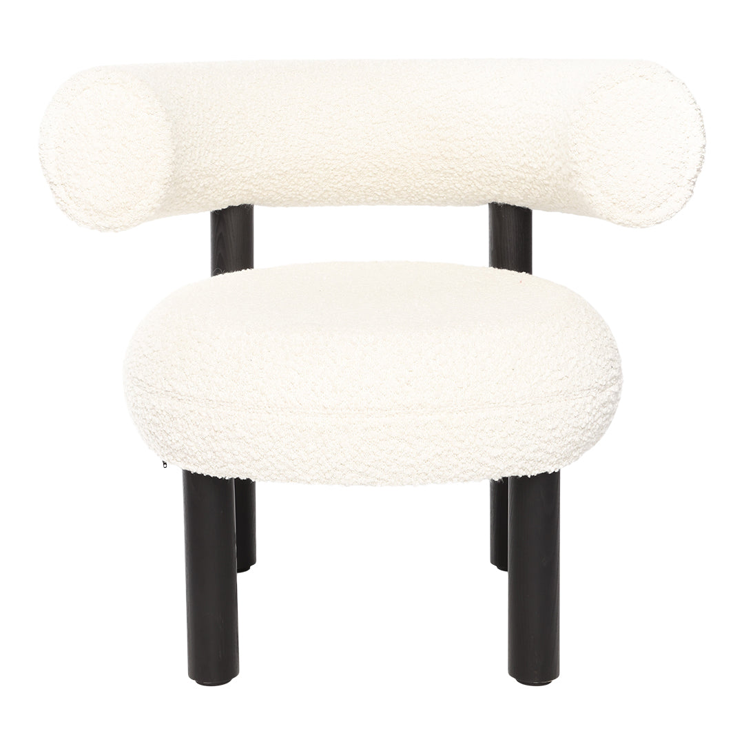 Soft white upholstered chair with a textured pattern and sleek black legs. Perfect for modern decor.