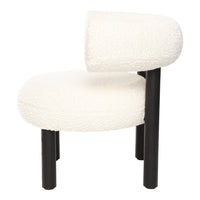 Cream boucle chair with a curved back and black legs, featuring a soft texture and modern design.