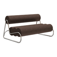 Brown upholstered bench with rolled arms and silver metal frame, featuring a smooth, textured fabric surface.