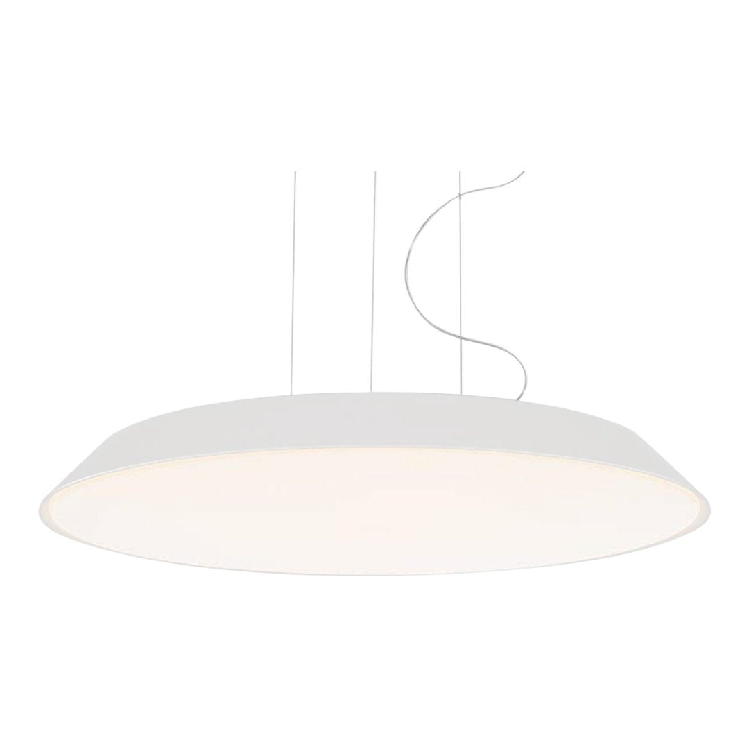Sleek white pendant light with a smooth, oval shape and soft, diffused illumination for modern decor.