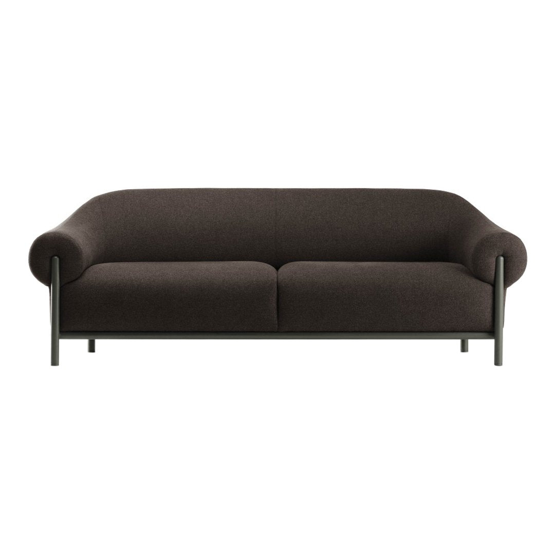 Dark brown fabric sofa with rounded edges and sleek black legs, showcasing a modern, minimalistic design.