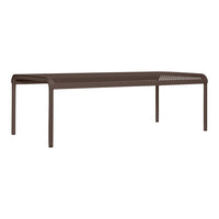 Brown metal bench with a sleek design and perforated detailing, perfect for modern outdoor spaces.