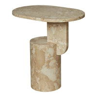Light beige marble side table with unique swirling patterns and smooth surfaces for a modern aesthetic.