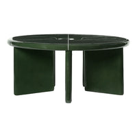 Round coffee table in deep green with a sleek, glossy finish and minimalist design. Smooth, modern surface pattern.