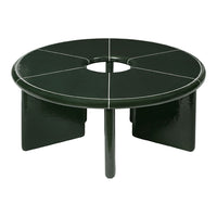 Green round coffee table with glossy finish and white line accents. Modern geometric pattern for stylish decor.